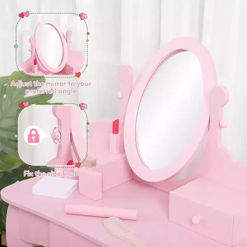 Coiffeuse rose / violette / blanche avec miroir et tabouret pour enfants – Pour 1 enfant, 4-10 ans