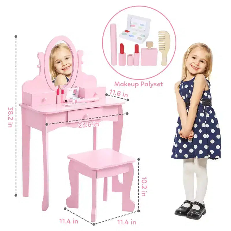 Coiffeuse rose / violette / blanche avec miroir et tabouret pour enfants – Pour 1 enfant, 4-10 ans