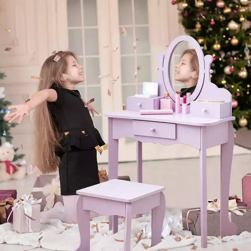Coiffeuse rose / violette / blanche avec miroir et tabouret pour enfants – Pour 1 enfant, 4-10 ans