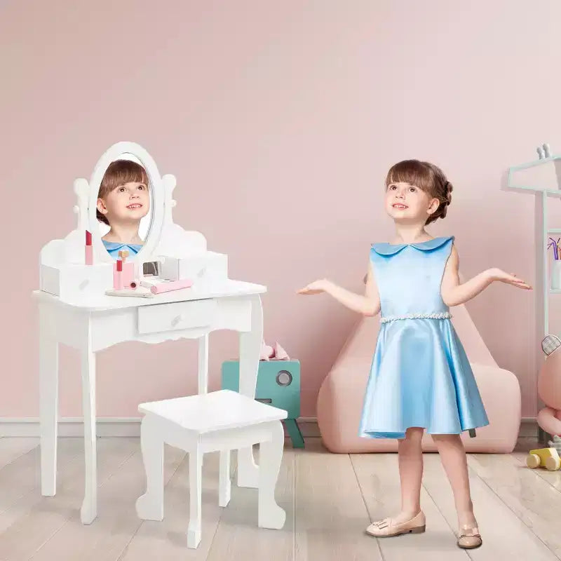 Coiffeuse rose / violette / blanche avec miroir et tabouret pour enfants – Pour 1 enfant, 4-10 ans