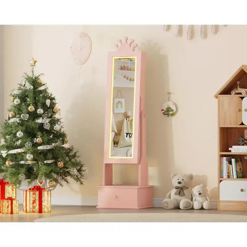 Meuble à bijoux pour enfants avec miroir LED pleine longueur – Couronne blanc / rose clair / rose / violet – 1 utilisateur