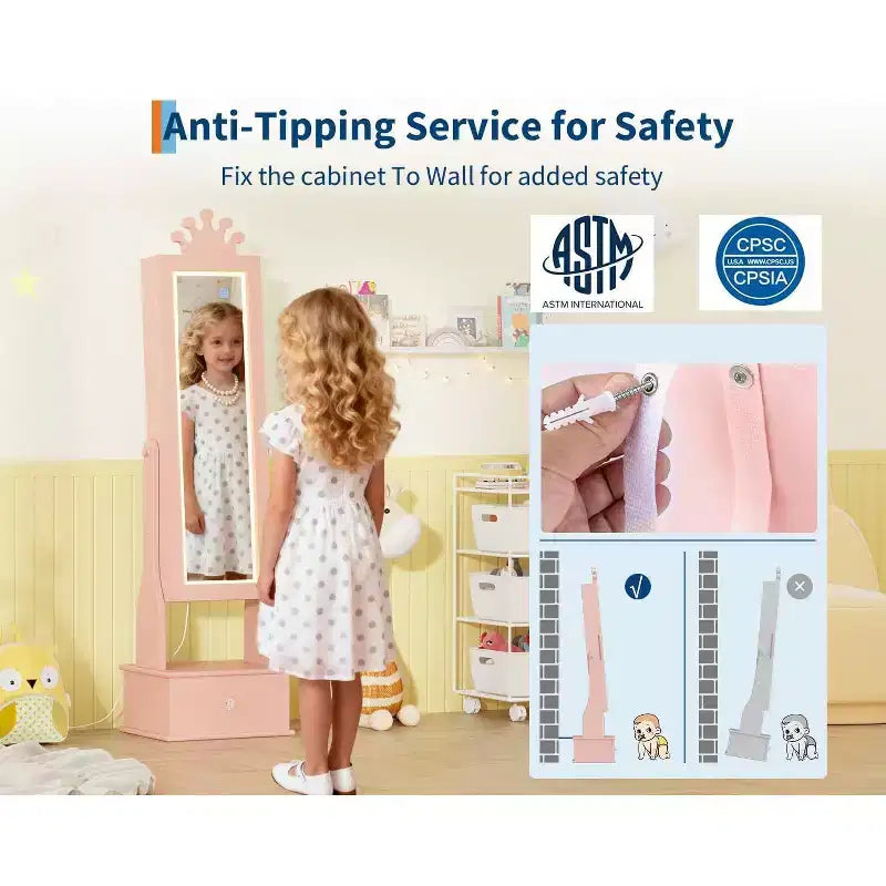 Meuble à bijoux pour enfants avec miroir LED pleine longueur – Couronne blanc / rose clair / rose / violet – 1 utilisateur
