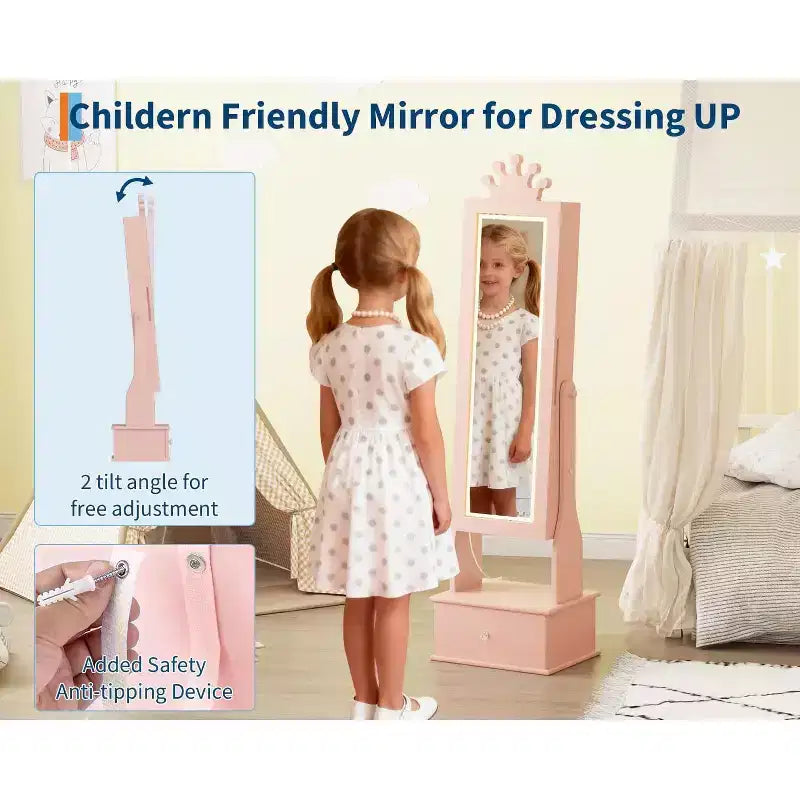 Meuble à bijoux pour enfants avec miroir LED pleine longueur – Couronne blanc / rose clair / rose / violet – 1 utilisateur
