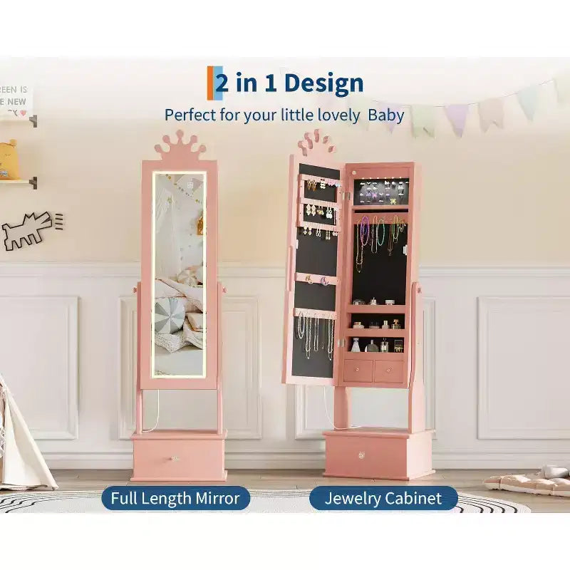 Meuble à bijoux pour enfants avec miroir LED pleine longueur – Couronne blanc / rose clair / rose / violet – 1 utilisateur