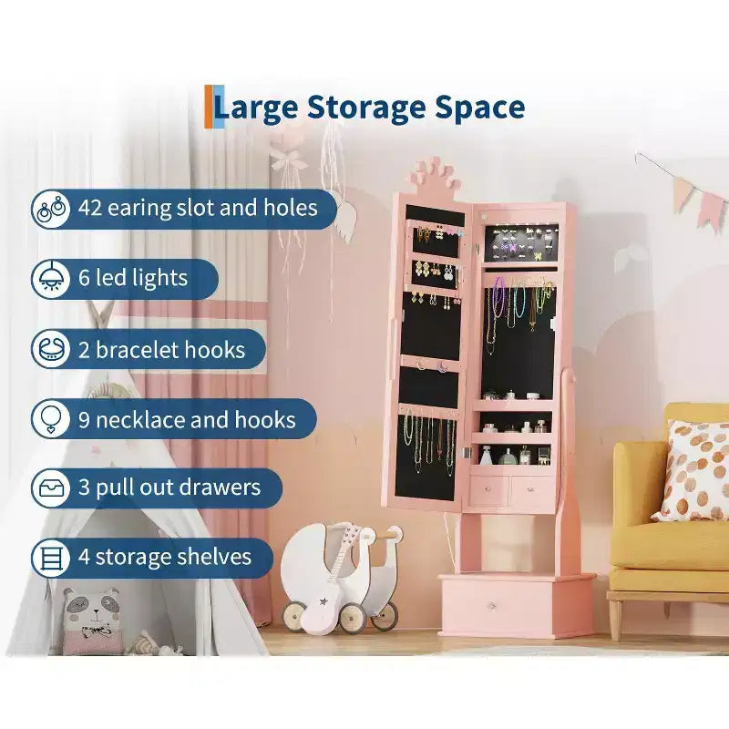 Meuble à bijoux pour enfants avec miroir LED pleine longueur – Couronne blanc / rose clair / rose / violet – 1 utilisateur