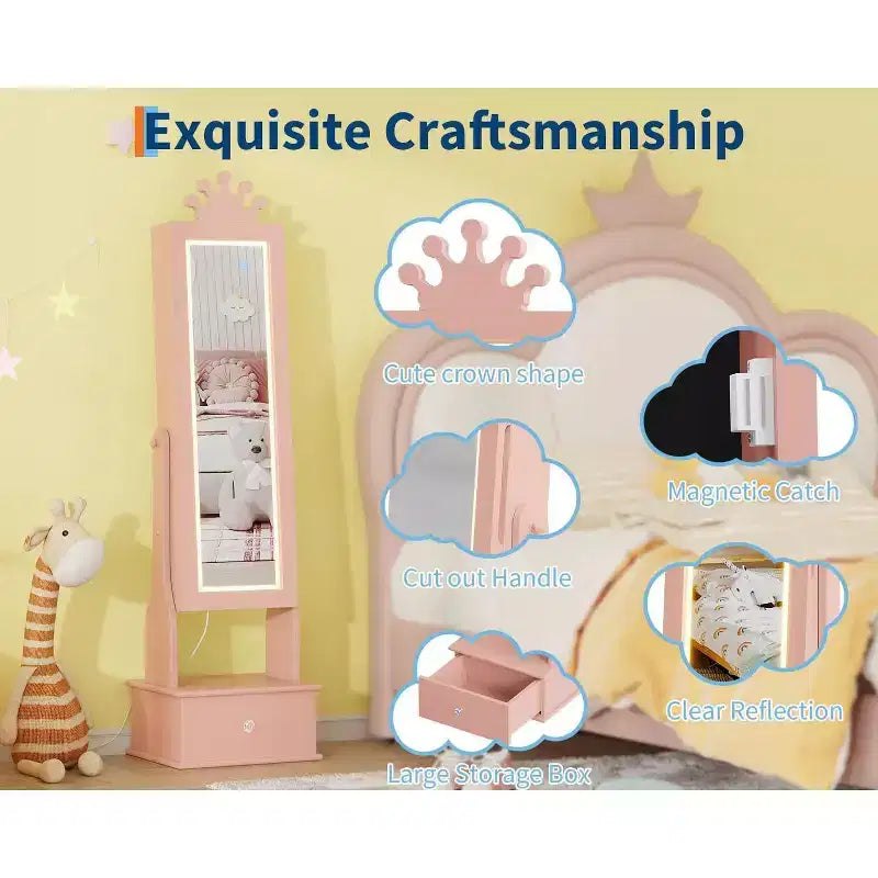 Meuble à bijoux pour enfants avec miroir LED pleine longueur – Couronne blanc / rose clair / rose / violet – 1 utilisateur