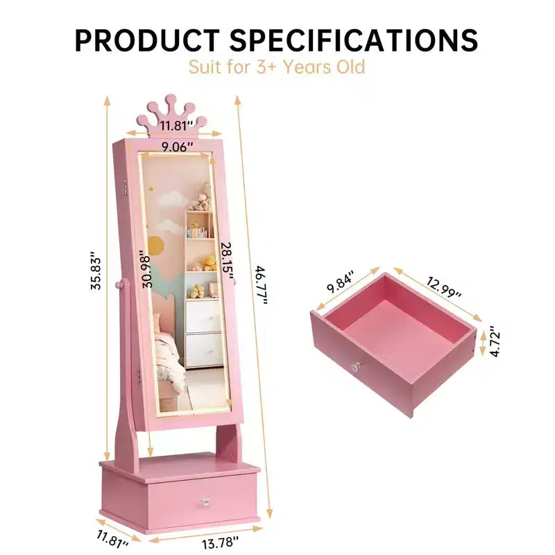Meuble à bijoux pour enfants avec miroir LED pleine longueur – Couronne blanc / rose clair / rose / violet – 1 utilisateur