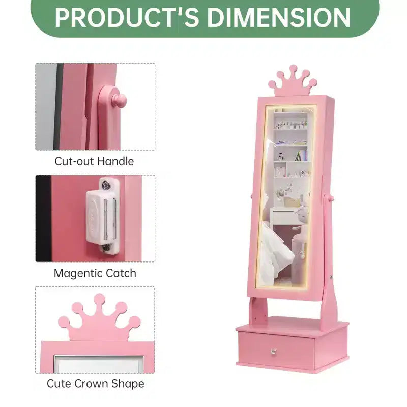 Meuble à bijoux pour enfants avec miroir LED pleine longueur – Couronne blanc / rose clair / rose / violet – 1 utilisateur