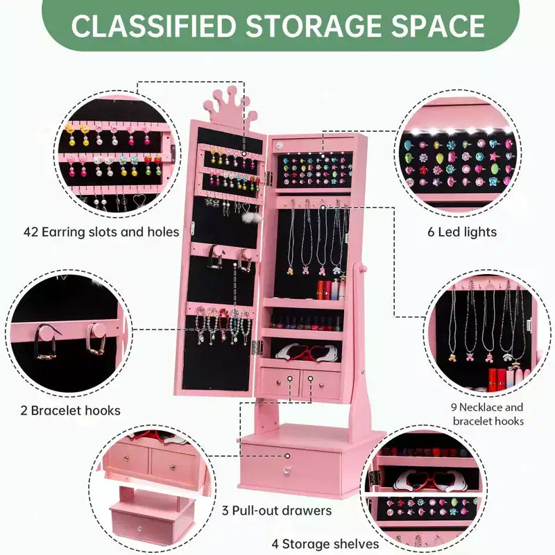 Meuble à bijoux pour enfants avec miroir LED pleine longueur – Couronne blanc / rose clair / rose / violet – 1 utilisateur