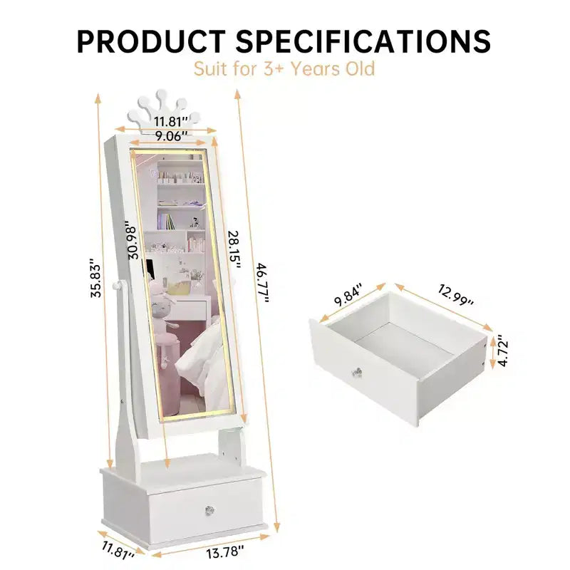 Meuble à bijoux pour enfants avec miroir LED pleine longueur – Couronne blanc / rose clair / rose / violet – 1 utilisateur