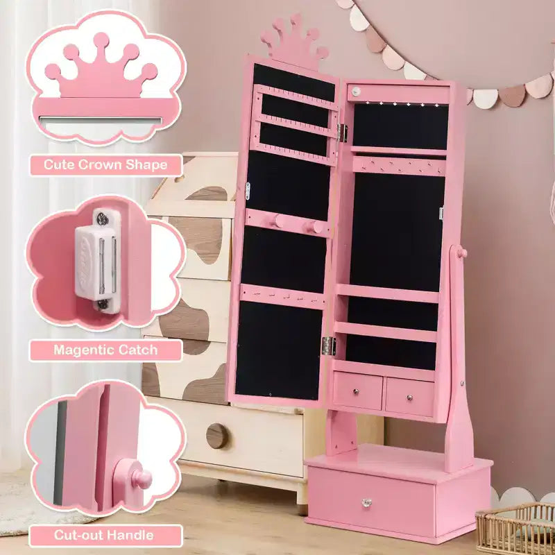 Meuble à bijoux pour enfants avec miroir LED pleine longueur – Couronne blanc / rose clair / rose / violet – 1 utilisateur