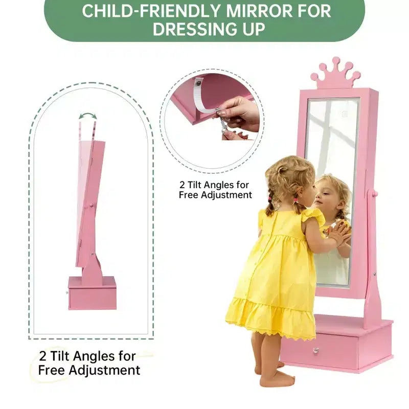 Meuble à bijoux pour enfants avec miroir LED pleine longueur – Couronne blanc / rose clair / rose / violet – 1 utilisateur
