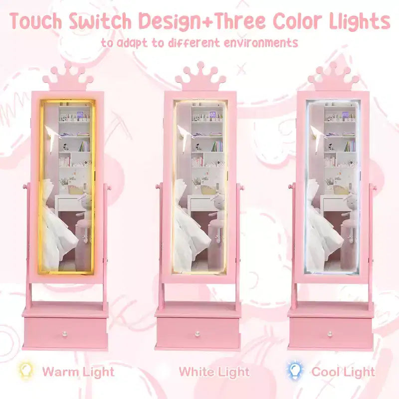 Meuble à bijoux pour enfants avec miroir LED pleine longueur – Couronne blanc / rose clair / rose / violet – 1 utilisateur
