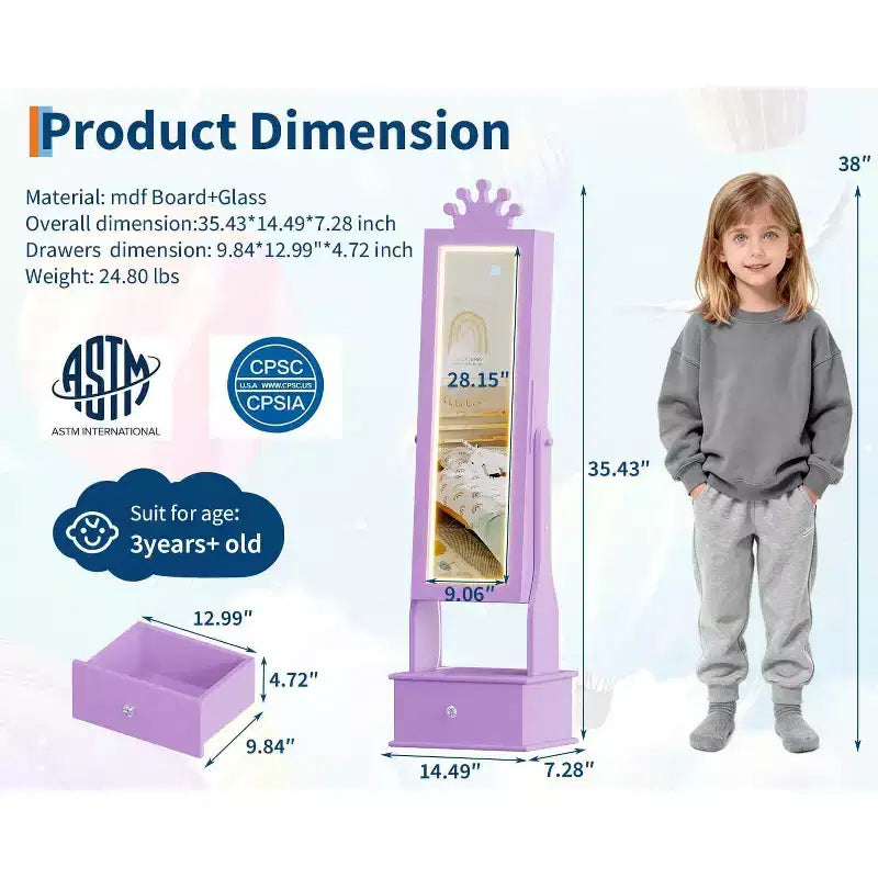Meuble à bijoux pour enfants avec miroir LED pleine longueur – Couronne blanc / rose clair / rose / violet – 1 utilisateur
