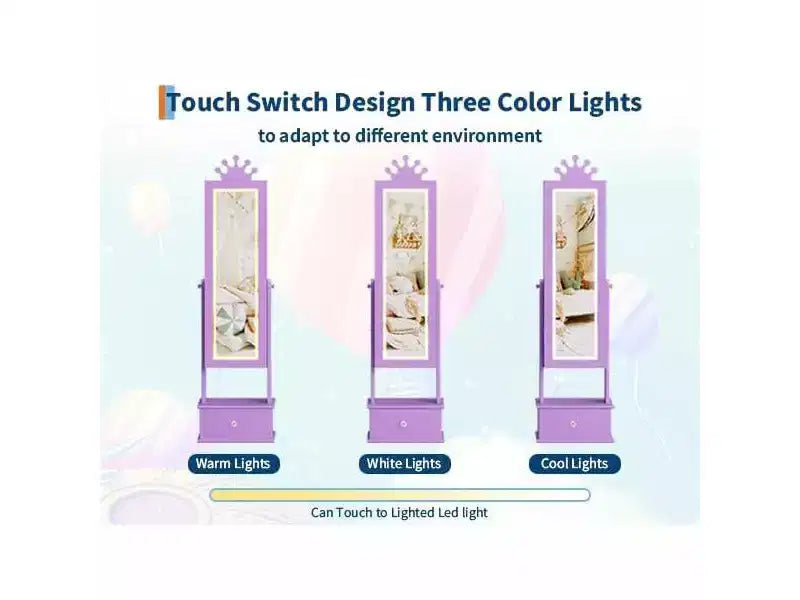 Meuble à bijoux pour enfants avec miroir LED pleine longueur – Couronne blanc / rose clair / rose / violet – 1 utilisateur