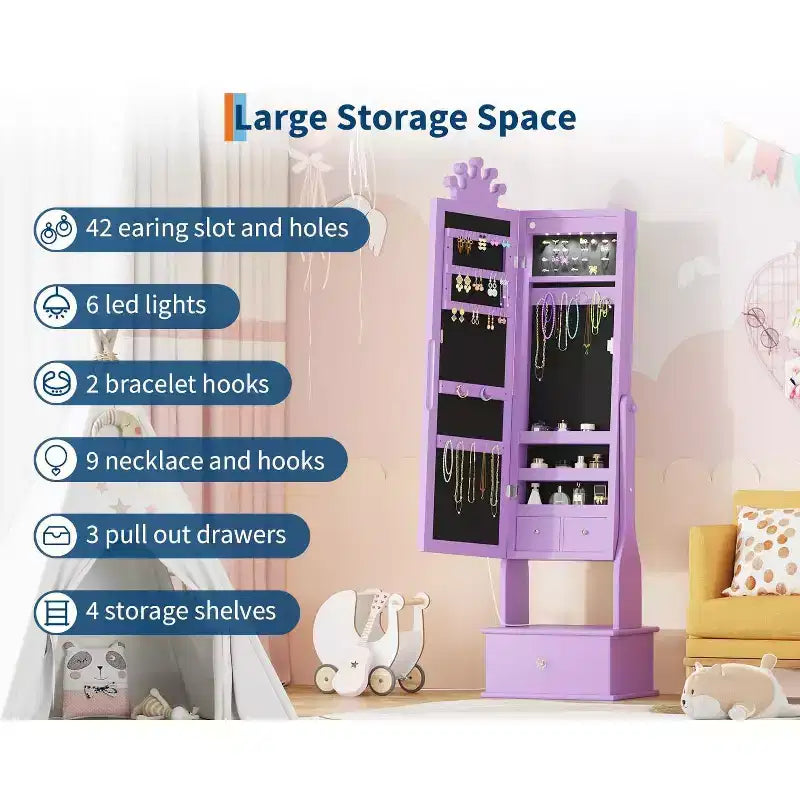 Meuble à bijoux pour enfants avec miroir LED pleine longueur – Couronne blanc / rose clair / rose / violet – 1 utilisateur