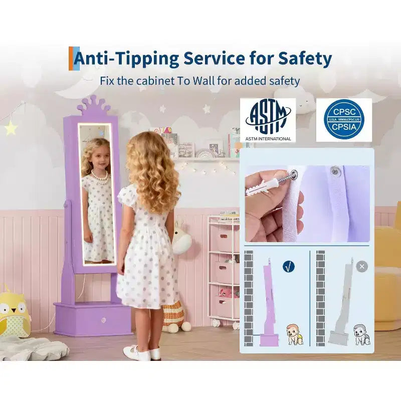 Meuble à bijoux pour enfants avec miroir LED pleine longueur – Couronne blanc / rose clair / rose / violet – 1 utilisateur