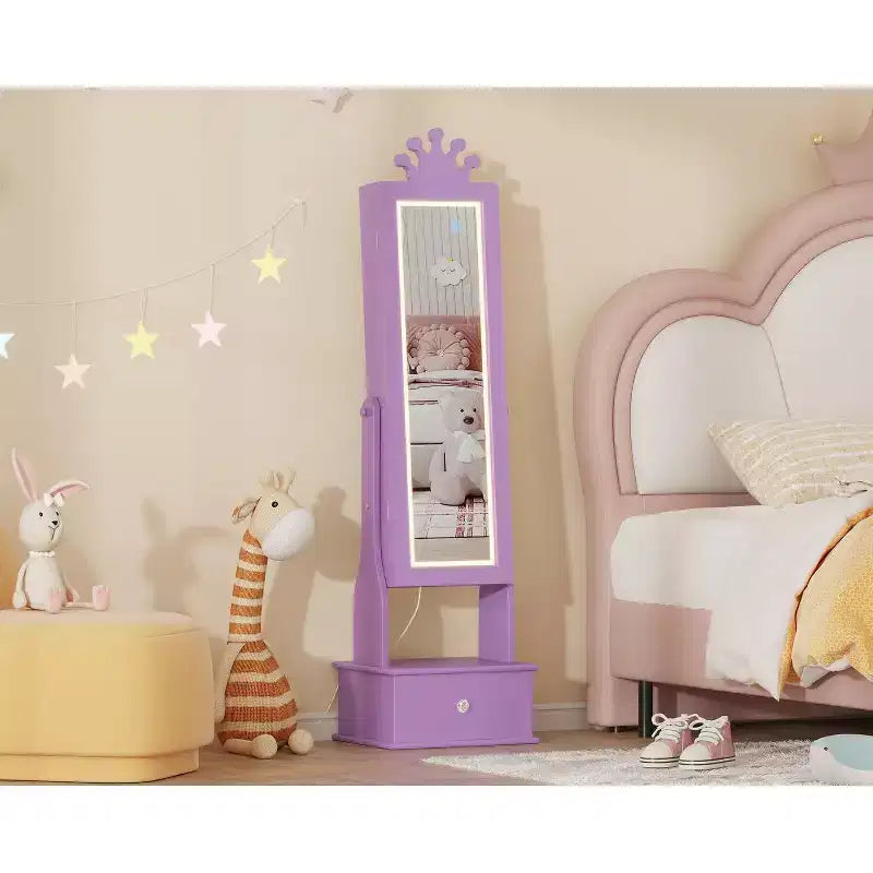 Meuble à bijoux pour enfants avec miroir LED pleine longueur – Couronne blanc / rose clair / rose / violet – 1 utilisateur