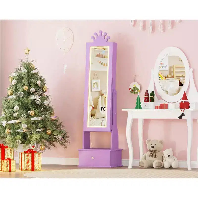 Meuble à bijoux pour enfants avec miroir LED pleine longueur – Couronne blanc / rose clair / rose / violet – 1 utilisateur