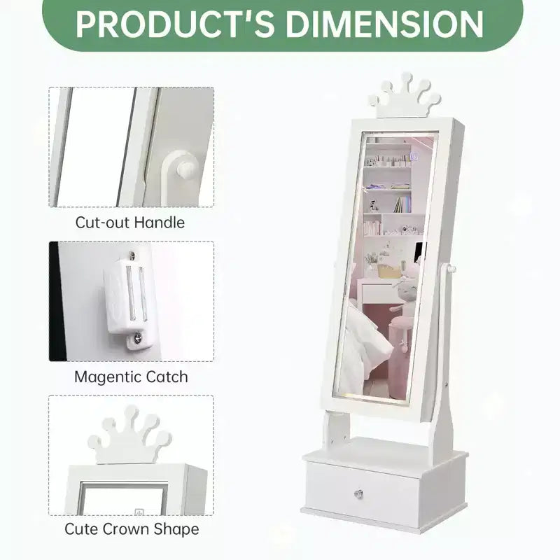 Meuble à bijoux pour enfants avec miroir LED pleine longueur – Couronne blanc / rose clair / rose / violet – 1 utilisateur