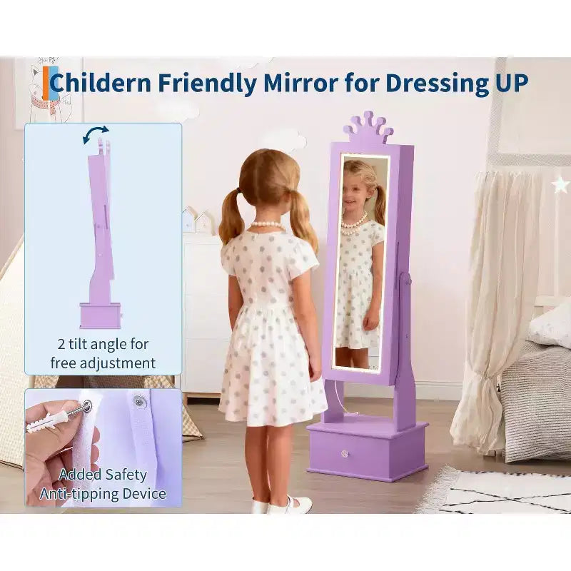 Meuble à bijoux pour enfants avec miroir LED pleine longueur – Couronne blanc / rose clair / rose / violet – 1 utilisateur