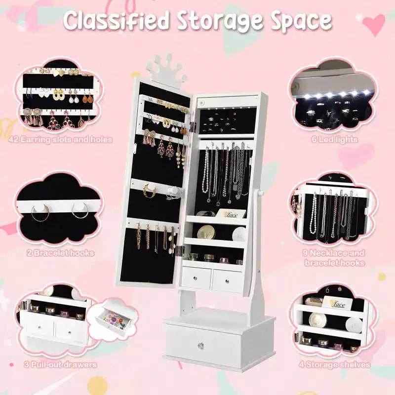 Meuble à bijoux pour enfants avec miroir LED pleine longueur – Couronne blanc / rose clair / rose / violet – 1 utilisateur