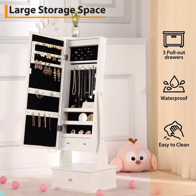 Meuble à bijoux pour enfants avec miroir LED pleine longueur – Couronne blanc / rose clair / rose / violet – 1 utilisateur