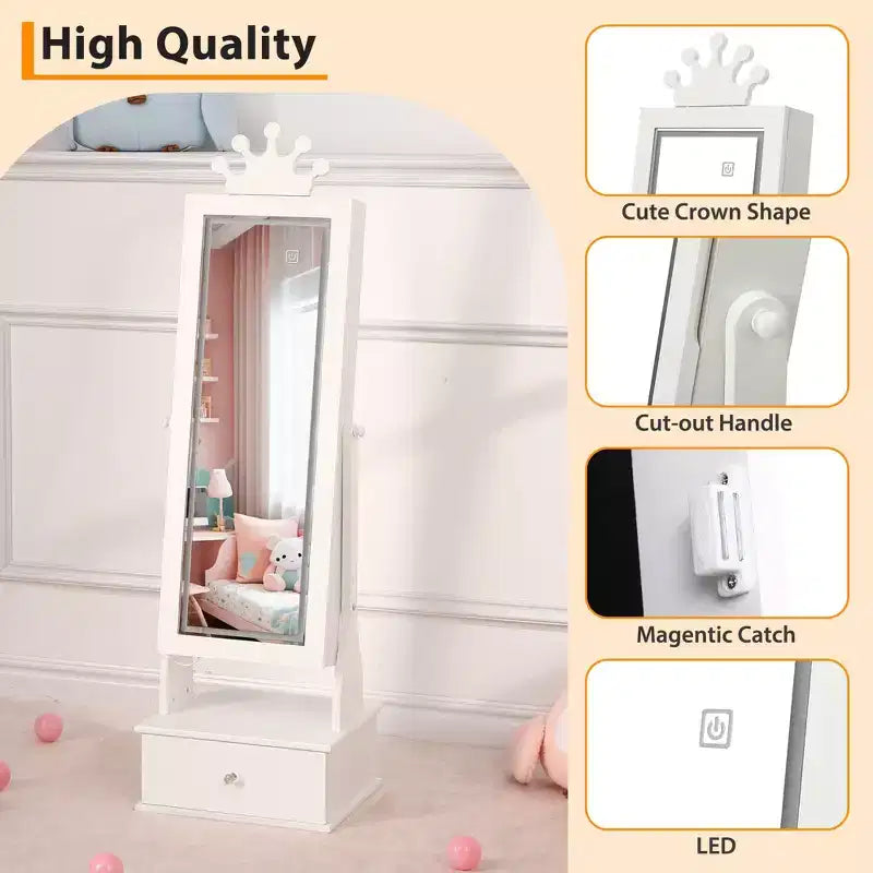 Meuble à bijoux pour enfants avec miroir LED pleine longueur – Couronne blanc / rose clair / rose / violet – 1 utilisateur