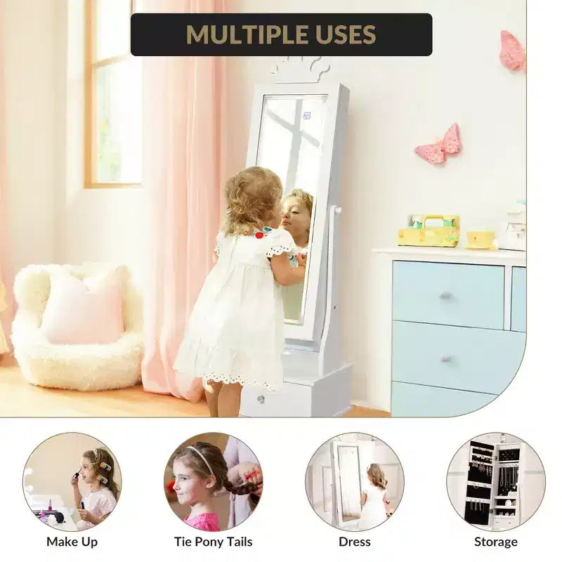 Meuble à bijoux pour enfants avec miroir LED pleine longueur – Couronne blanc / rose clair / rose / violet – 1 utilisateur