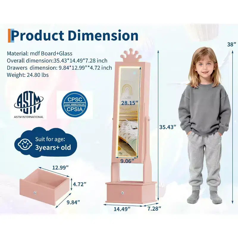 Meuble à bijoux pour enfants avec miroir LED pleine longueur – Couronne blanc / rose clair / rose / violet – 1 utilisateur