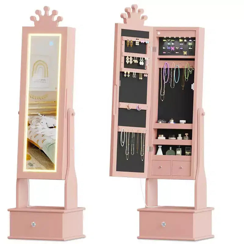 Meuble à bijoux pour enfants avec miroir LED pleine longueur – Couronne blanc / rose clair / rose / violet – 1 utilisateur