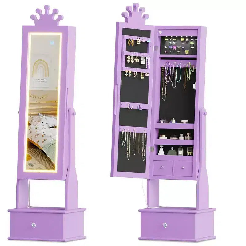 Meuble à bijoux pour enfants avec miroir LED pleine longueur – Couronne blanc / rose clair / rose / violet – 1 utilisateur
