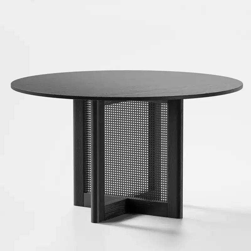 Table à manger ronde noire avec pieds en rotin, 6 places
