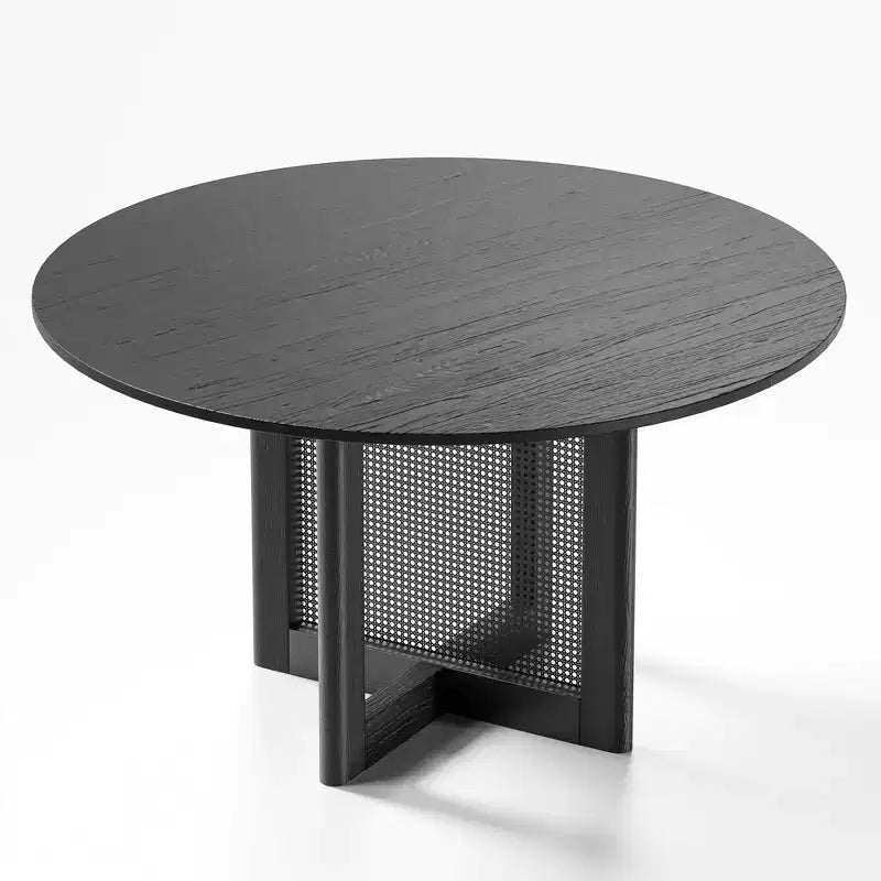 Table à manger ronde noire avec pieds en rotin, 6 places