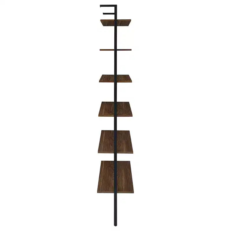 Étagère murale noyer 6 niveaux, cadre en métal noir, 244 cm H