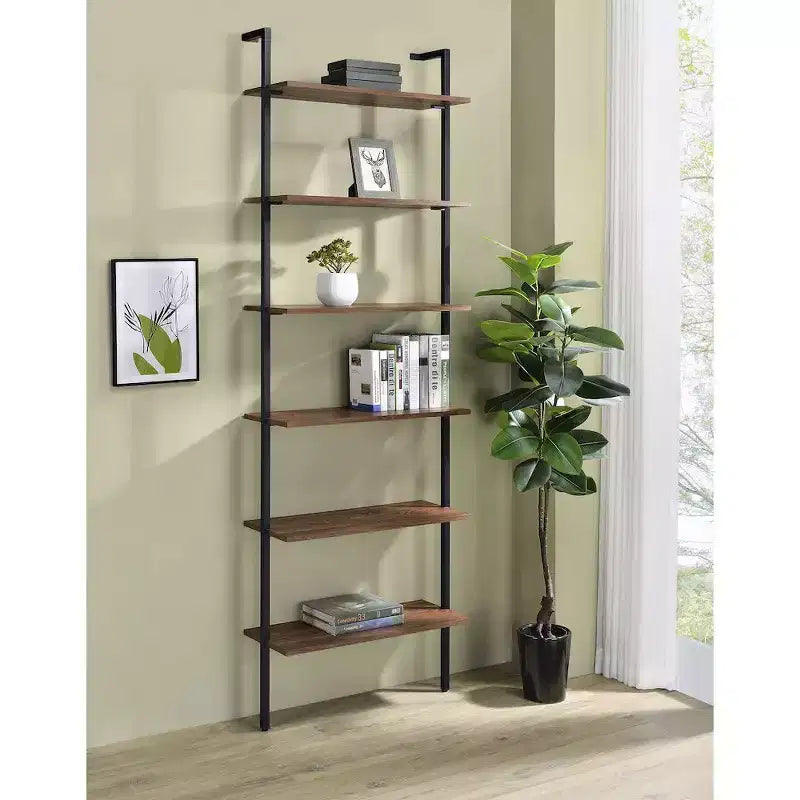 Étagère murale noyer 6 niveaux, cadre en métal noir, 244 cm H