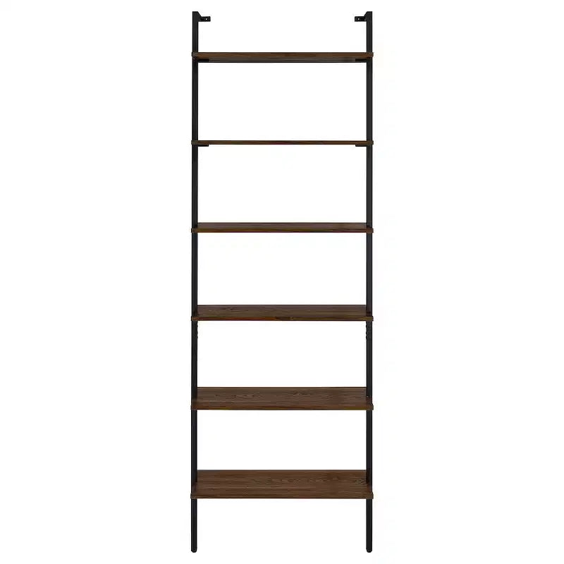 Étagère murale noyer 6 niveaux, cadre en métal noir, 244 cm H