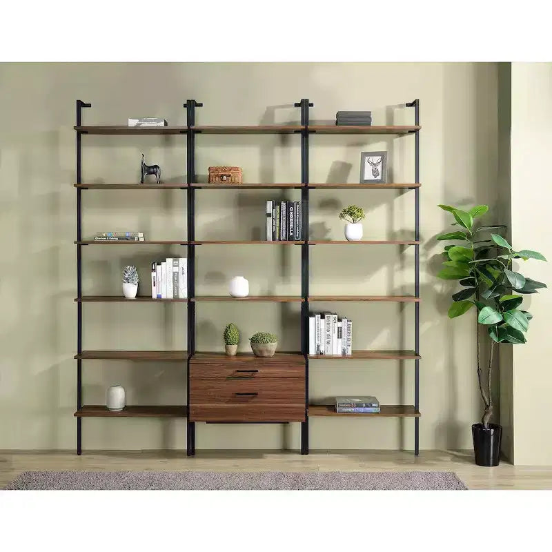 Étagère murale noyer 6 niveaux, cadre en métal noir, 244 cm H
