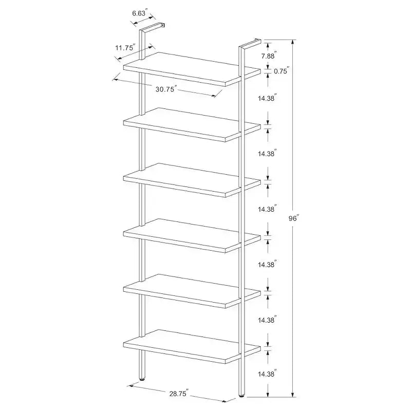 Étagère murale noyer 6 niveaux, cadre en métal noir, 244 cm H