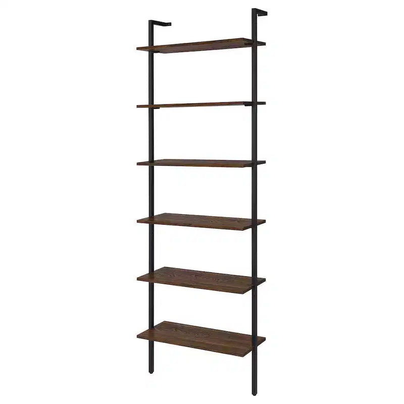 Étagère murale noyer 6 niveaux, cadre en métal noir, 244 cm H