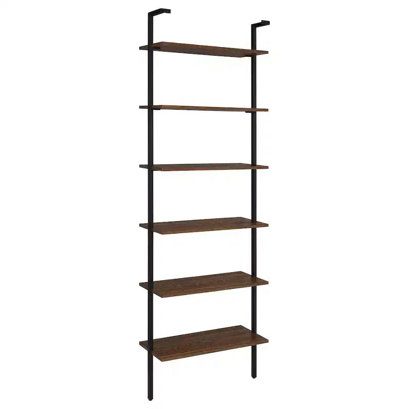 Étagère murale noyer 6 niveaux, cadre en métal noir, 244 cm H