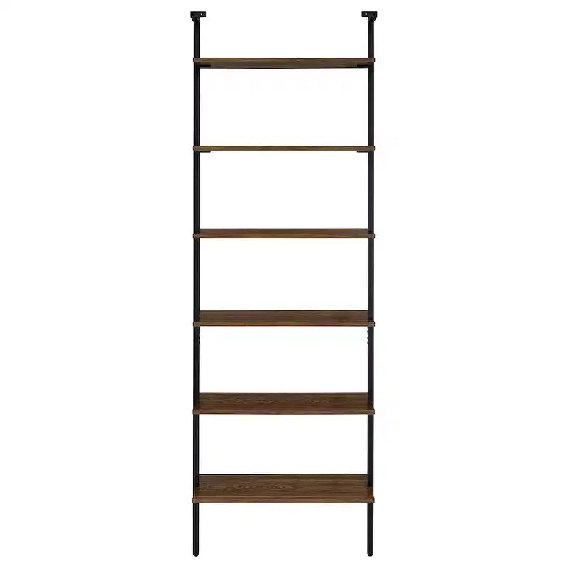 Étagère murale noyer 6 niveaux, cadre en métal noir, 244 cm H