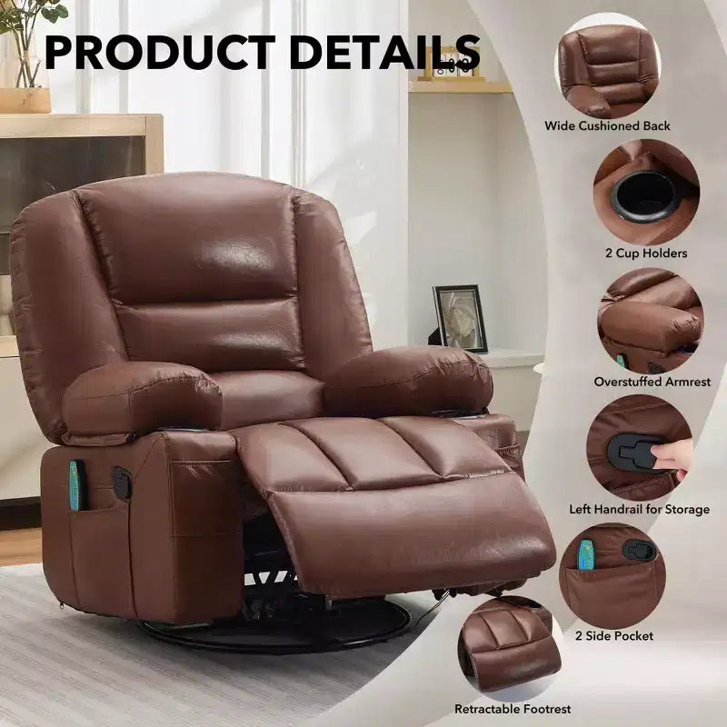 Fauteuil inclinable pivotant et berçant noir/marron avec massage et chaleur – Une place