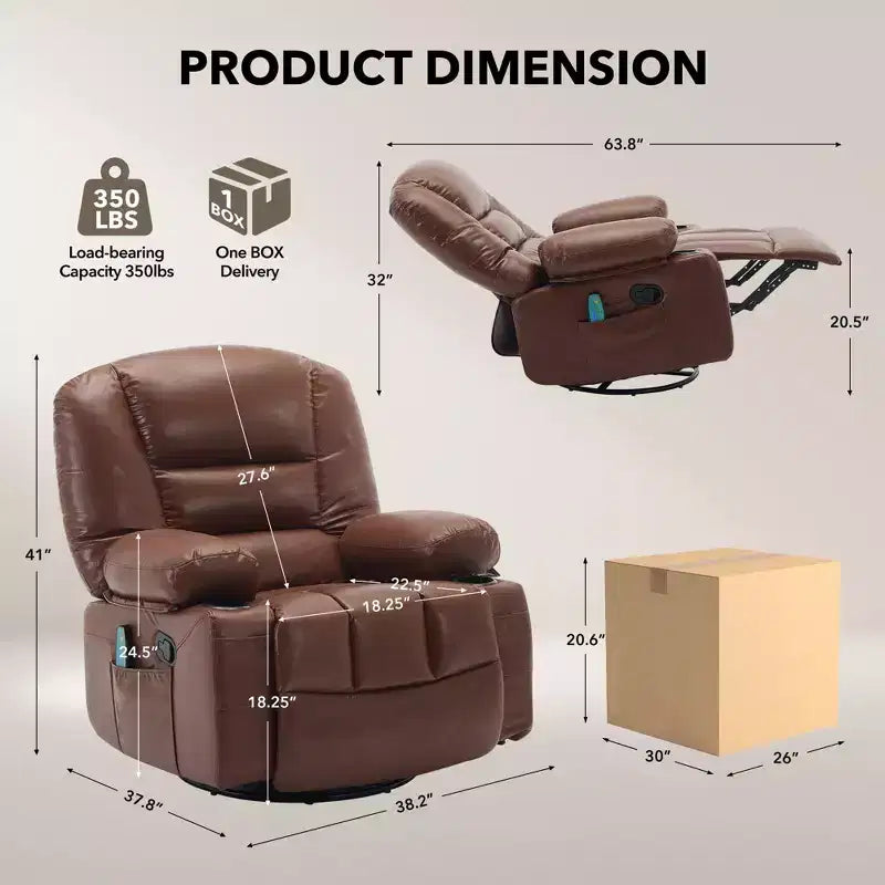 Fauteuil inclinable pivotant et berçant noir/marron avec massage et chaleur – Une place
