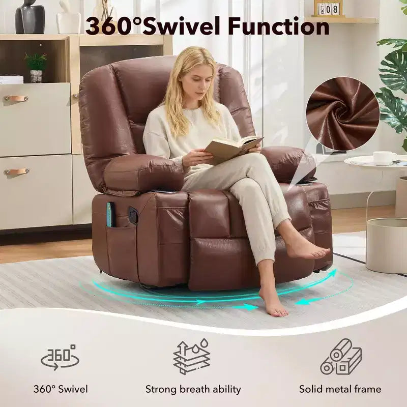 Fauteuil inclinable pivotant et berçant noir/marron avec massage et chaleur – Une place