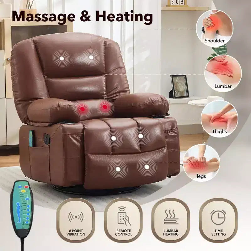 Fauteuil inclinable pivotant et berçant noir/marron avec massage et chaleur – Une place