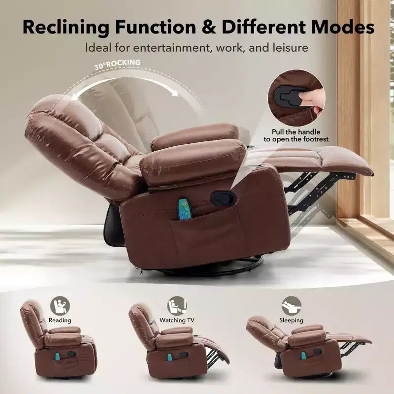Fauteuil inclinable pivotant et berçant noir/marron avec massage et chaleur – Une place