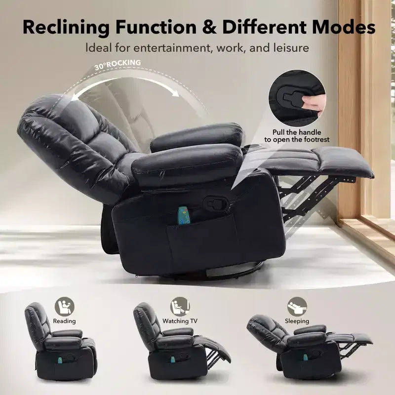 Fauteuil inclinable pivotant et berçant noir/marron avec massage et chaleur – Une place