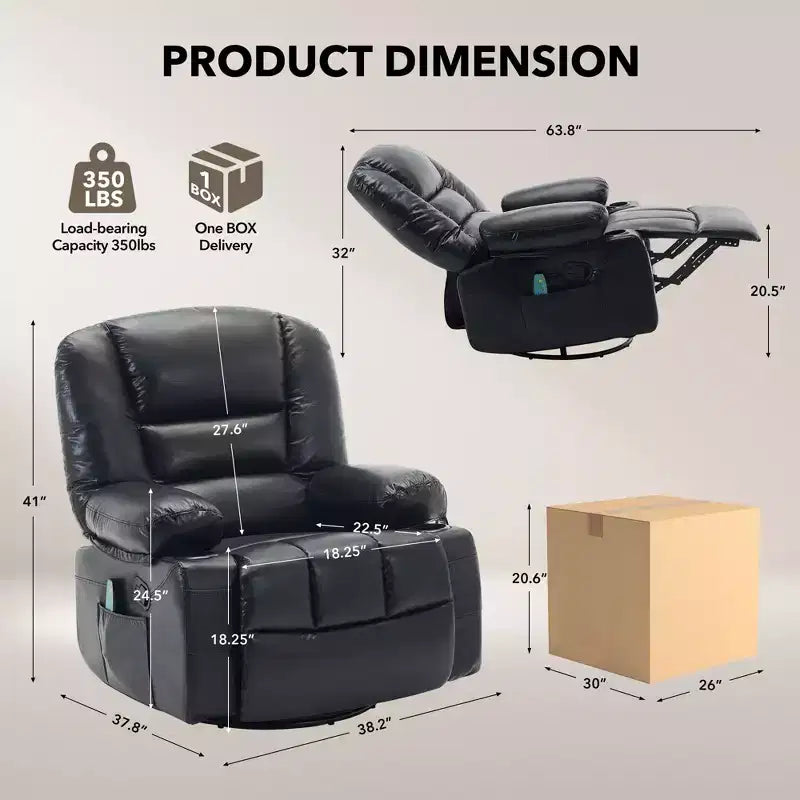Fauteuil inclinable pivotant et berçant noir/marron avec massage et chaleur – Une place