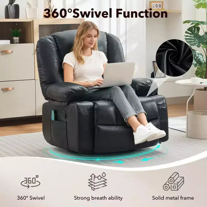 Fauteuil inclinable pivotant et berçant noir/marron avec massage et chaleur – Une place